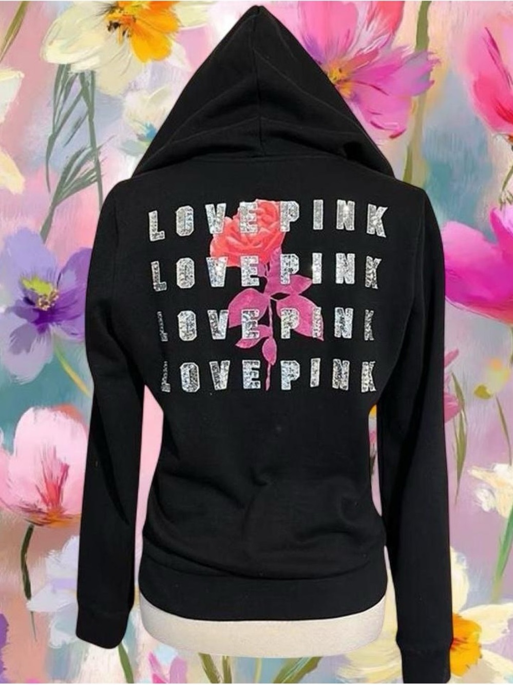 PINK Victoria's Secret Black Hoodie with Pink Rose Back Graphic